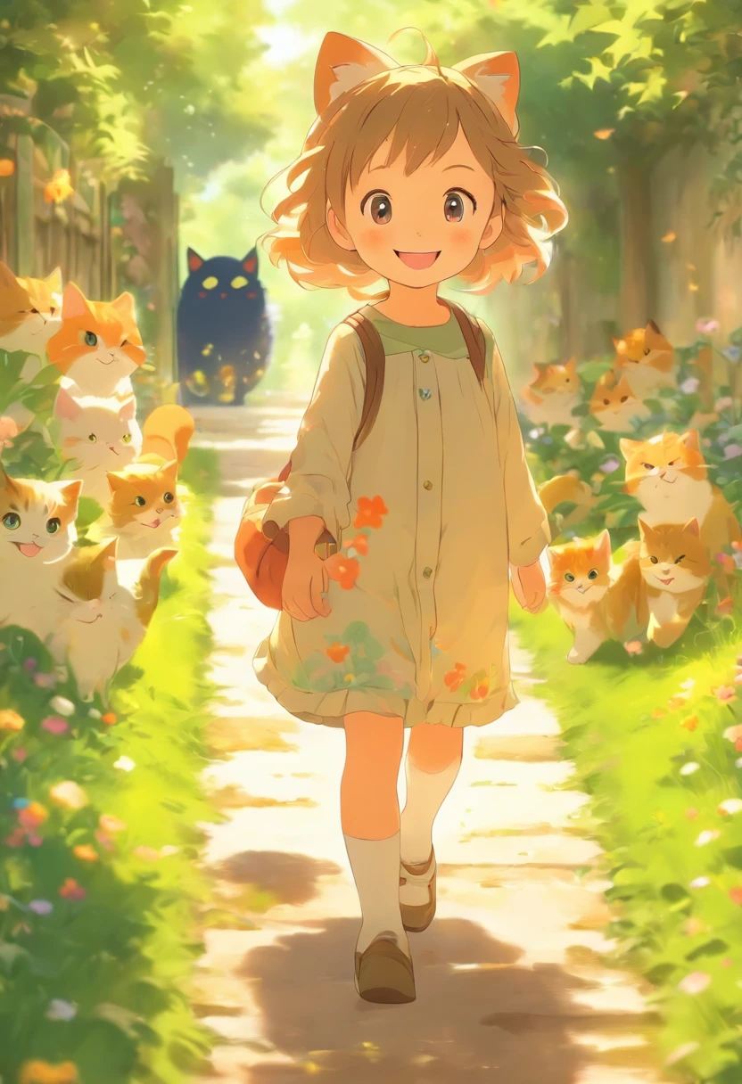 5-year-old girl facing the camera,ssmile, Walk on the garden path, A round-eyed cat followed.