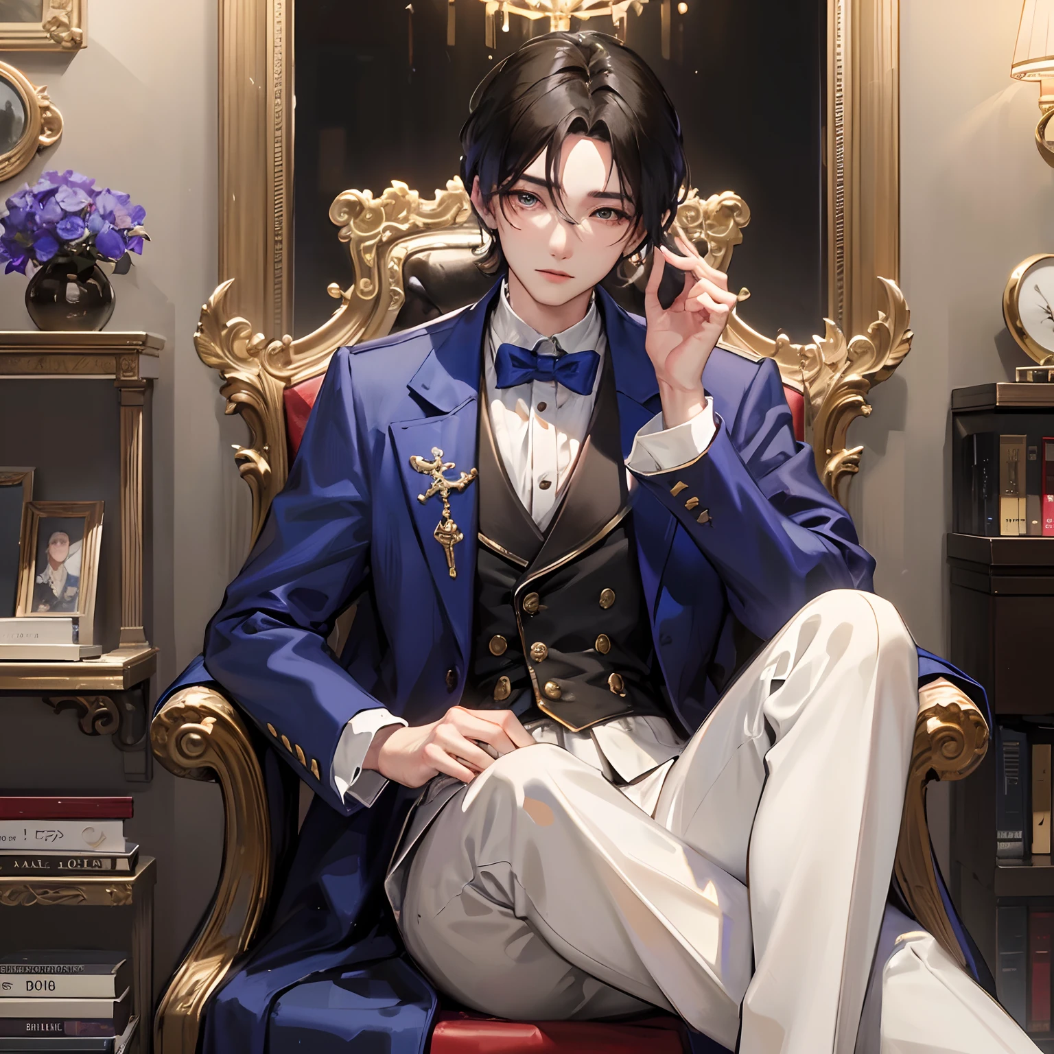 Adonis、Boy with black hair、Straight face、A detailed face、1 boy、Classic、Arrogant man、top grade、Center division、Forehead、Mole、One Man、glamor、Music、noble、nobles、Very beautiful man、Music、Beautiful clothes、blue clothing、Holding sheet music in hand、Long coat、plushies、『IdentityV fifth personality』