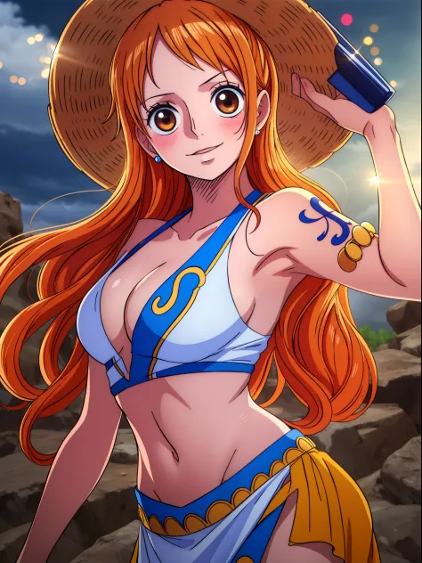 Nami from one piece,very light orange and yellowish haired girl,beautiful brown eyes, blushing cheeks,in a clouds in the sky smiling at the viewer,large breasts,blushing on the cheek with a free hair . She should be wearing a ancient greek clothes outfit.T...