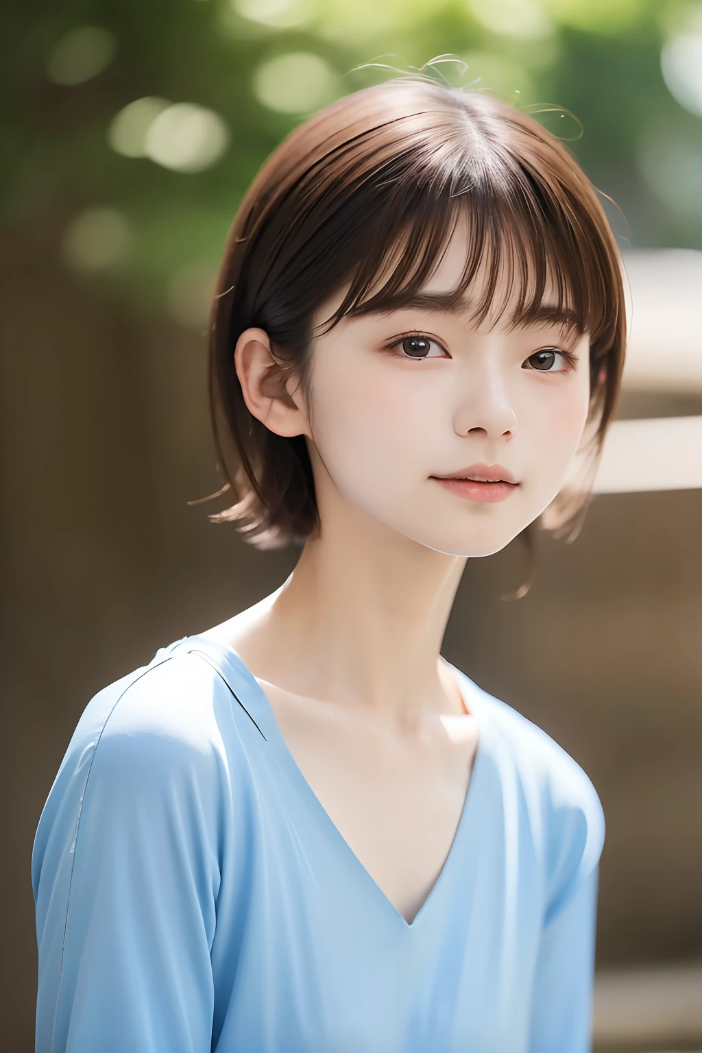 parfect anatomy、top-quality、masuter piece、ultra-detailliert、8ｋ、独奏、15yo student、1 girl in、a short bob、V-neck T-shirt、blue、Natural look、Beautiful collarbone、Cute look、(((The background is blurry and you can't see anything:1.3)))