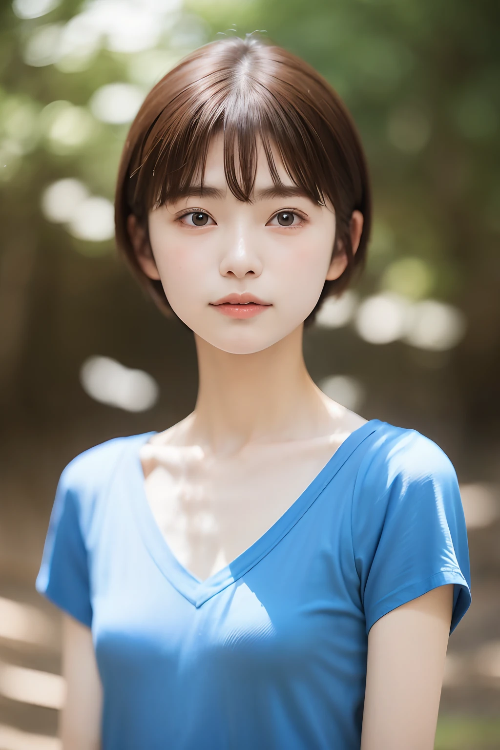 parfect anatomy、top-quality、masuter piece、ultra-detailliert、8ｋ、独奏、15yo student、1 girl in、a short bob、V-neck T-shirt、blue、Natural look、Beautiful collarbone、Cute look、(((The background is blurry and you can't see anything:1.3)))