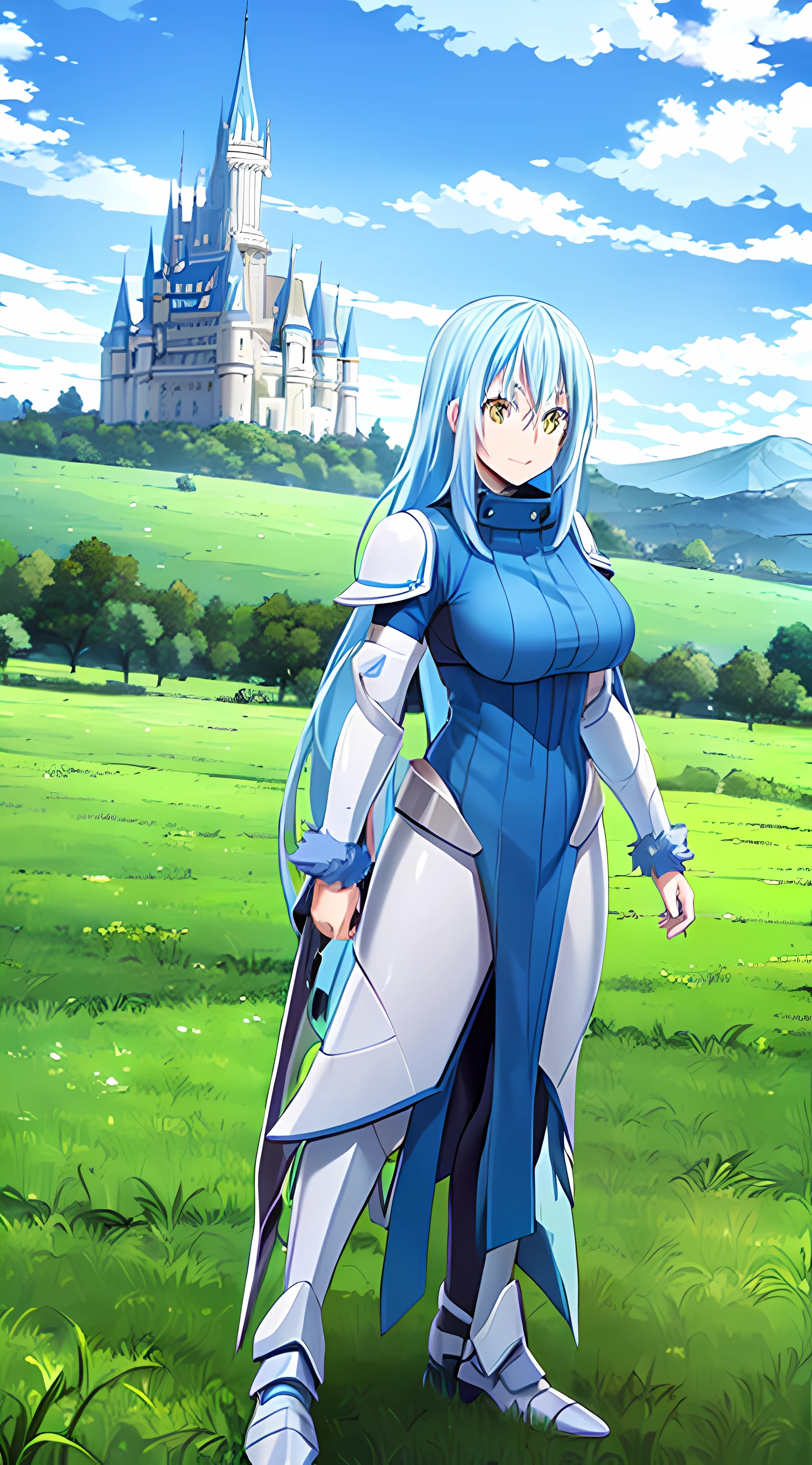 Anime girl in blue and white outfit standing in front of a castle - SeaArt  AI