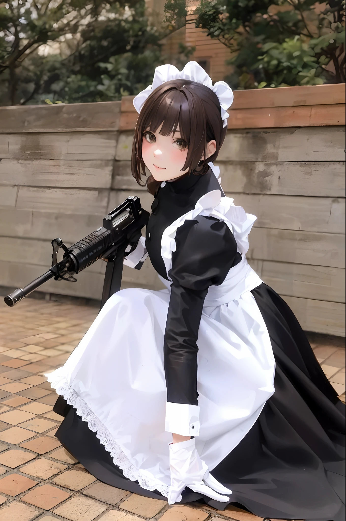 Arafed image of a woman in a maid outfit holding a gun - SeaArt AI