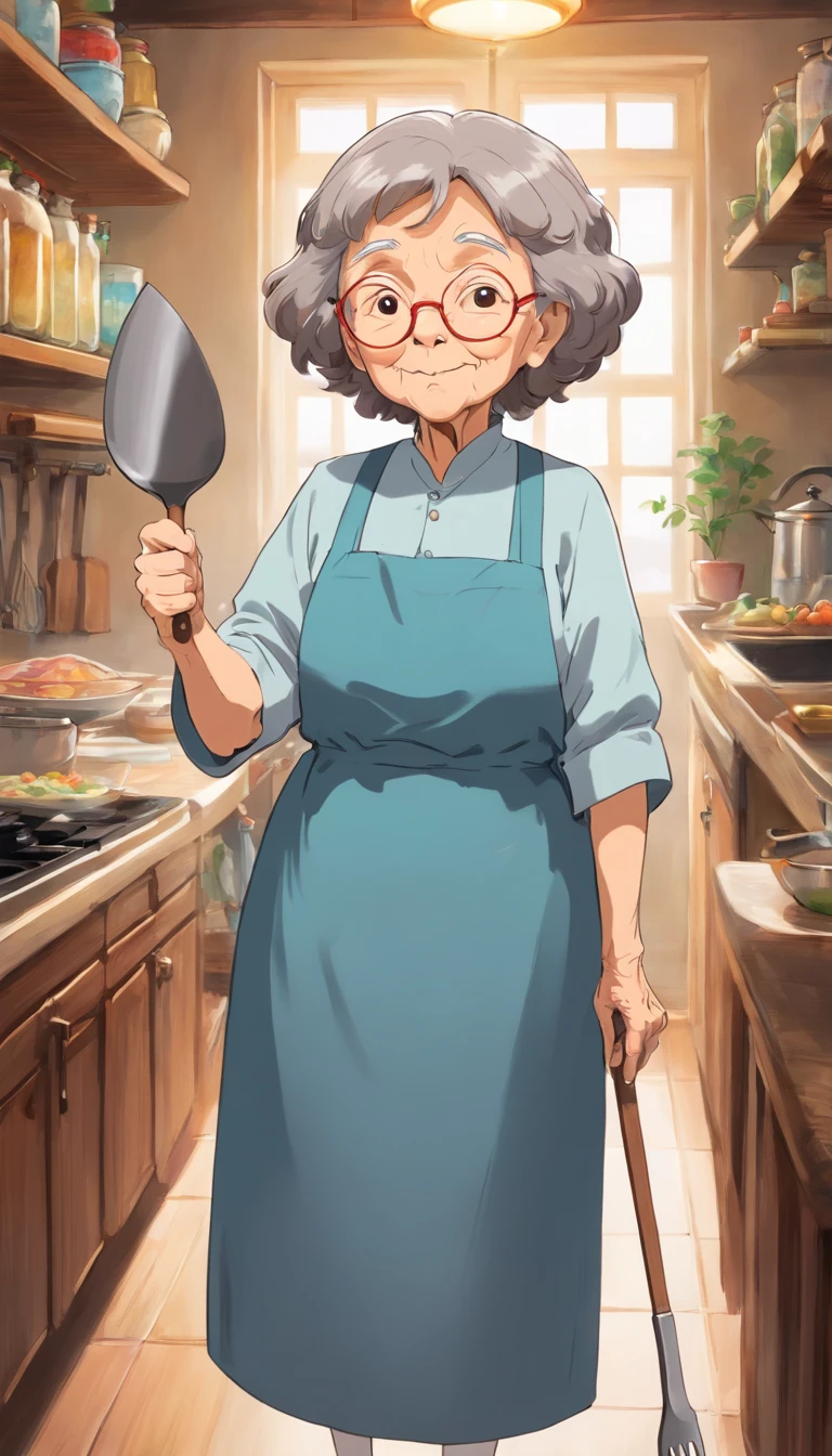 An older woman in a blue apron holding a spatula in a kitchen - SeaArt AI