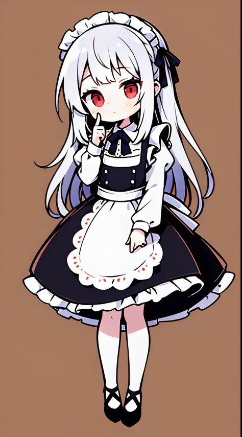 Silvery hair,Red Eyes,girl with,maid clothes,tilting your head,Hold the index finger of your right hand over your chin,Top image quality,Long hair,Straight face,is standing,Standing picture,full body Esbian,Top image quality