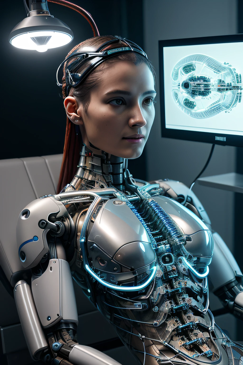 Cyborg Woman, ((Klarer Glaskörper, glühende Augen))), Die elektronischen Systeme im Inneren des Gehäuses sind deutlich zu erkennen, Detailliertes Gehirn in Sicht, Detailliertes Anschlusskabel, mechanische Gliedmaßen, Schläuche, die mit den mechanischen Teilen verbunden sind, mechanische Wirbel, die an der Wirbelsäule befestigt sind, mechanische zervikale Befestigung am Hals, Drähte und Kabel, die mit dem Kopf verbunden sind, (((LED auf einem Operationstisch))), (((An Monitore angeschlossene Kabel))), (((Maschine zum Anbringen von Teilen am Kopf))) | Biopunk | Kybernetik | Cyberpunk | | Canon M50| 100mm| scharfer Fokus | Hyperrealismus | Sehr detailiert| komplizierte Details | Ganzkörperansicht, kleine leuchtende LED-Lampen, Leuchtend rote Neon-Highlights, Globale Beleuchtung, tiefe Schatten, Oktan-Rendering, 8K, ultrascharf, Metall, Aufwendige Ornamentdetails, barocke Details, sehr komplizierte Details, realistisches Licht, CGSoation trend, Mit Blick in die Kamera, Neon-Details, (Android Manufaktur im Hintergrund)