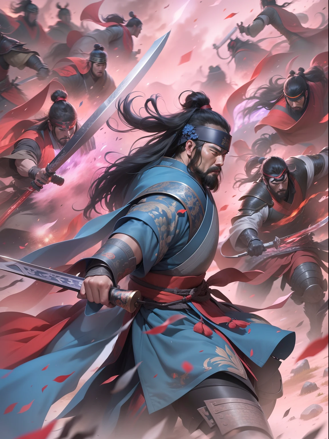 [illustratio，Story split-shots]comic page，There are multiple screens on one page: Chinese male warriors of the Qin Dynasty, A cold face，Symmetrical body, Broken robes，Armed with a bloody blue-edged sword，standing in the wind（Side half close-up）。The battle flag is skewed，Fireworks are everywhere，Enemies in the distance are rushing towards him（bblurry，Faraway view）。[Multi-camera continuous shooting]:Ultra-wide angle, Cinema lenses,Motion capture, Chiaroscuro, Depth of field 1.8，The protagonist is focused，Cinema lenses，Zao Wou-Ki style