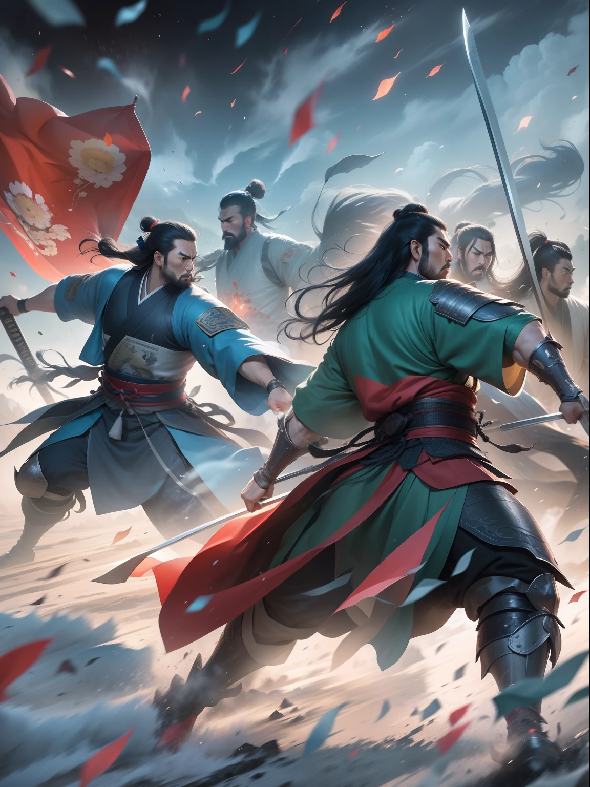 [illustratio，Story split-shots]comic page，There are multiple screens on one page: Chinese male warriors of the Qin Dynasty, A cold face，Symmetrical body, Broken robes，Armed with a bloody blue-edged sword，standing in the wind（Side half close-up）。The battle flag is skewed，Fireworks are everywhere，Enemies in the distance are rushing towards him（bblurry，Faraway view）。[Multi-camera continuous shooting]:Ultra-wide angle, Cinema lenses,Motion capture, Chiaroscuro, Depth of field 1.8，The protagonist is focused，Cinema lenses，Zao Wou-Ki style