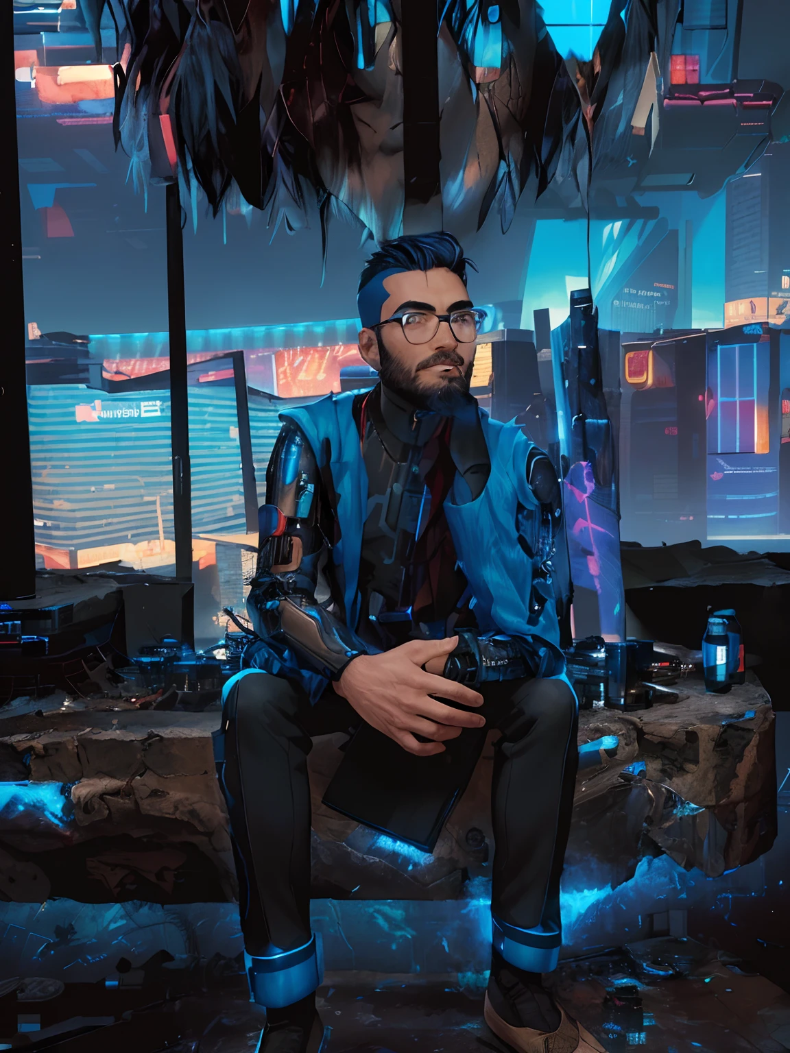 1boy, male focus, solo, facial hair, wild beard, (toned:0.1), dark [blue|black] hair, formal, looking at viewer, portrait, close up, (from above:0.9), suit, dark theme, ([cyberpunk|steampunk]:1.3), cartoon stylish, (expressive), (cybernetic:1.18), superman, toned, serious, vibrant, (colorful, thick outlines, flat color:1.12), fantasy