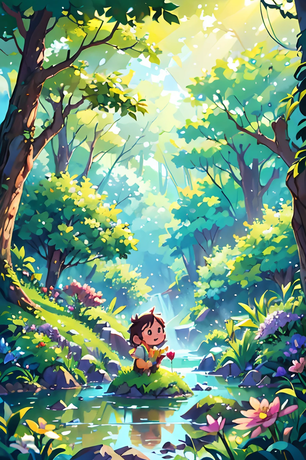 (un bosque atravesado por un río,flores,golondrinas en el cielo,primavera,niños jugando), pintura al óleo, ultra detallado, colores vívidos, Iluminación realista, paisaje, pájaros trinando, luz del sol filtrándose a través de los árboles, brisa suave, exuberante follaje verde, Reflejos de agua con gas, vibrant wildflores, risa alegre, expresiones infantiles despreocupadas, pinceladas dinámicas, composición armoniosa.