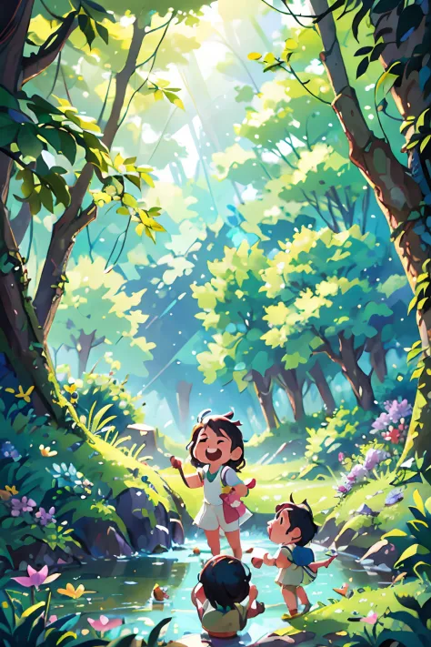 (a forest crossed by a river,flowers,swallows in the sky,spring,children playing), oil painting, ultra-detailed, vivid colors, realistic lighting, landscape, birds chirping, sunlight filtering through the trees, soft breeze, lush green foliage, sparkling w...