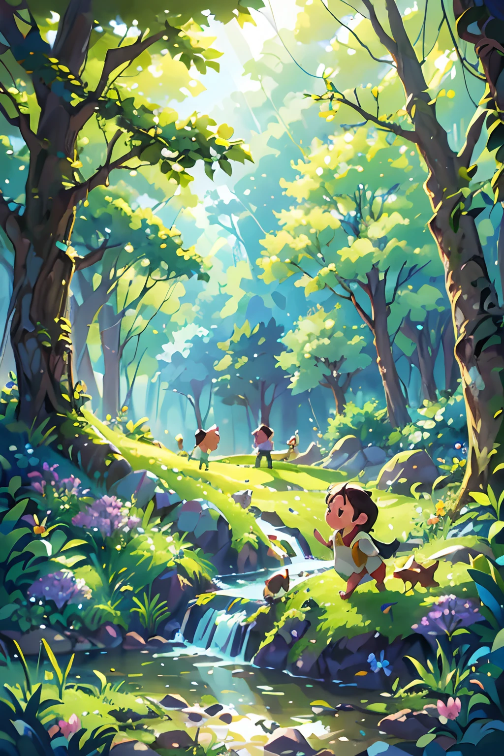 (un bosque atravesado por un río,flores,golondrinas en el cielo,primavera,niños jugando), pintura al óleo, ultra detallado, colores vívidos, Iluminación realista, paisaje, pájaros trinando, luz del sol filtrándose a través de los árboles, brisa suave, exuberante follaje verde, Reflejos de agua con gas, vibrant wildflores, risa alegre, expresiones infantiles despreocupadas, pinceladas dinámicas, composición armoniosa.