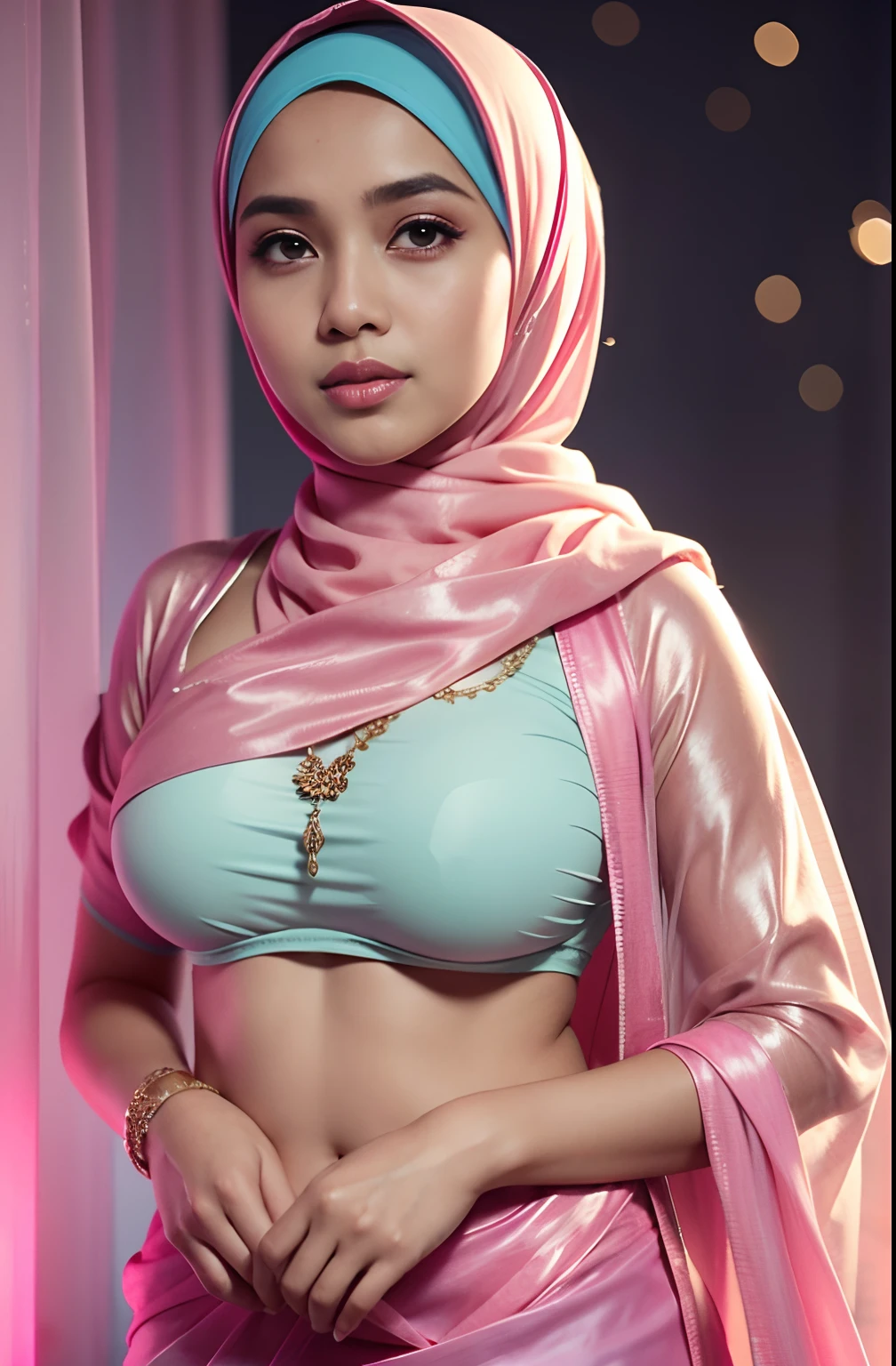 1 malay girl , modern plain hijab, shy, medium portrait shot , watery eyes , pink glowing particles, wear pastel saree,(( big breast)), pink light bokeh background, proportional body,