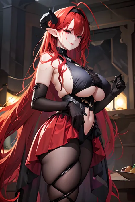 ironhindenburg, hindenburg\(azur lane\), red_hair, demon horns, long hair,bare_shoulders, underboob_cutout, skirt, pantyhose,black_gloves, 1girl, older female, mature woman, red hair, long hair, cleavage, breasts, Large breasts, cute ass，Lie on the ground，...