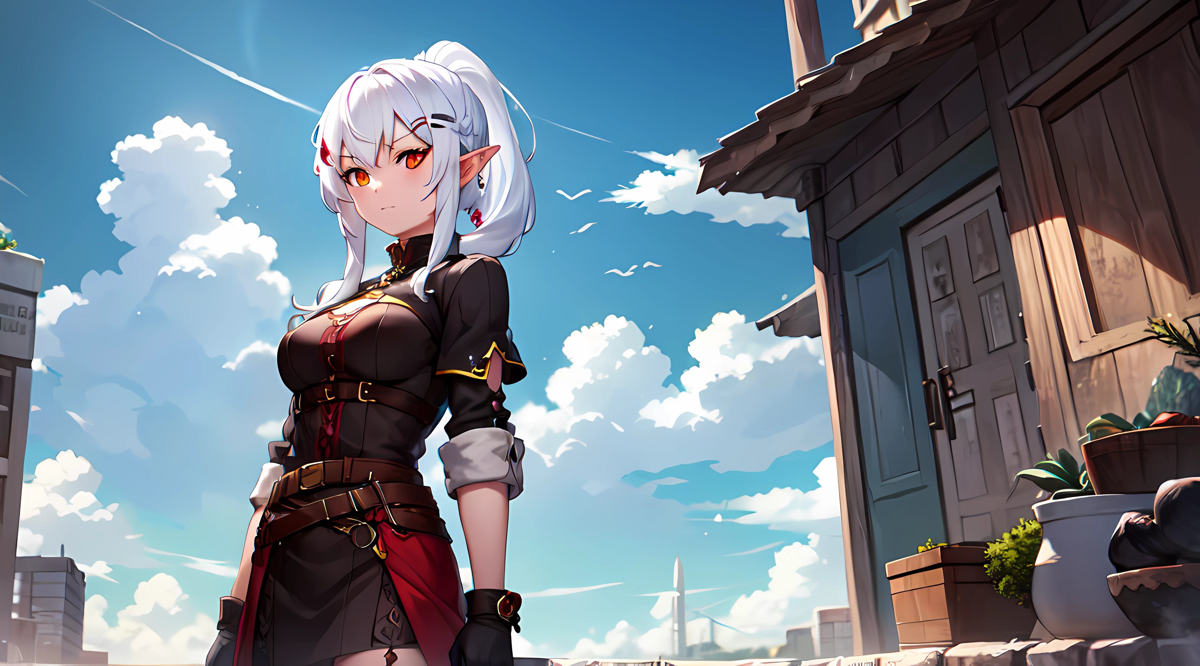 one girl, white hair, yellow eye, elf, medium breast, long ponytail hairstyle, adventure theme, standing looking behind