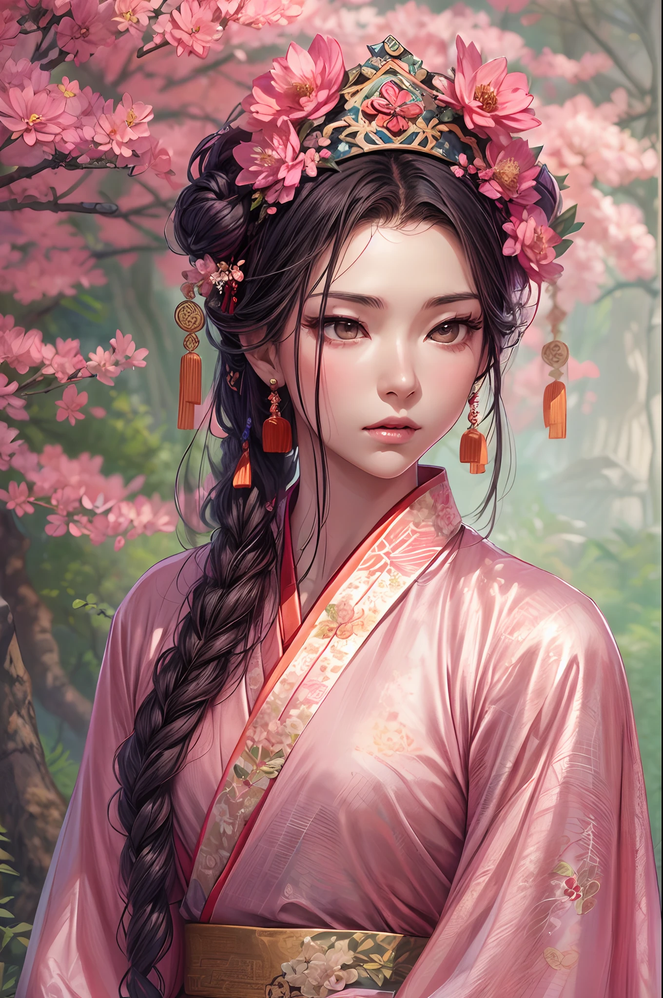 araffe woman in a pink dress with a flower crown on her head, a colorized photo inspired by Lan Ying, trending on cg society, realism, hanfu, palace ， a girl in hanfu, ancient chinese princess, a beautiful fantasy empress, ancient china art style, ancient asian dynasty princess, chinese empress, white hanfu, chinese princess,looking down,