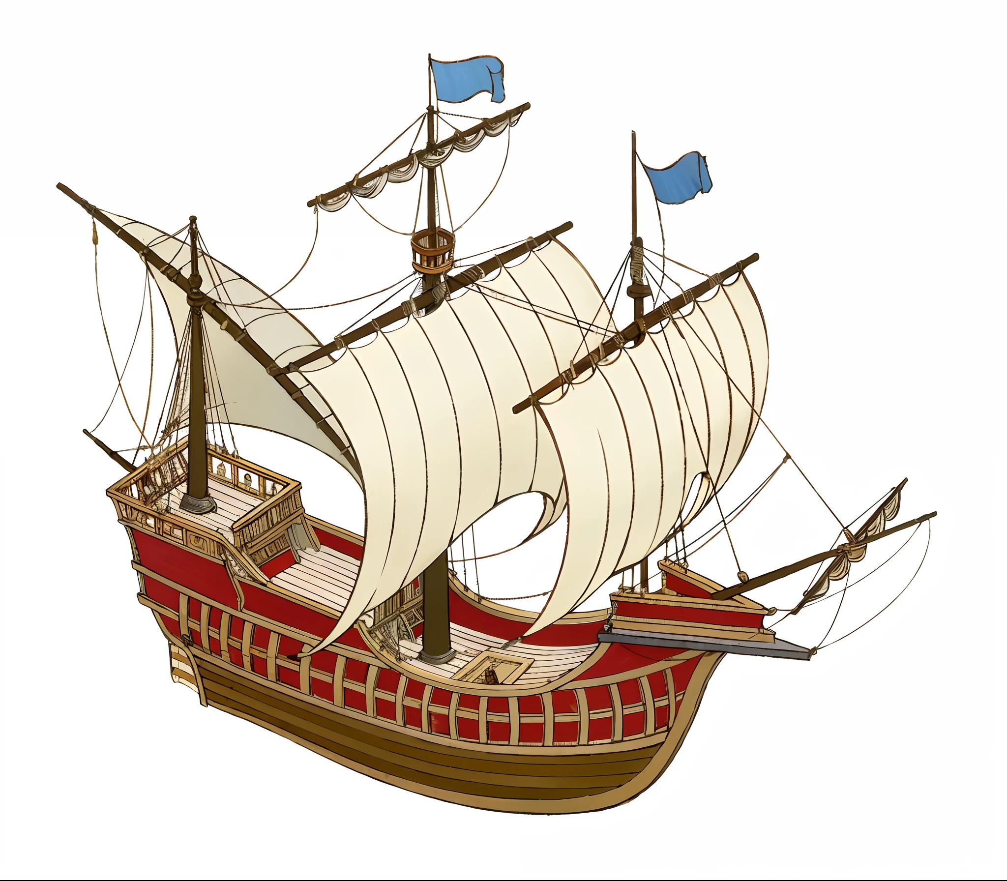 大型キャラック船の全体と完全な姿を見せる，前マストの四角帆とメインマストの四角帆、後マストの三角帆，マストは全部で3本しかない，16世紀初頭，大きくて丸くて幅の広い船体，帆は3枚あります, 長さ63フィート，幅20フィート，10.幅5フィート. このボートは十分に頑丈であることが特徴である、乗務員の宿泊に十分な広さ, 200トン。船体はがっしりとしていて、とても丸い，船の側面は高い。船尾塔がある。