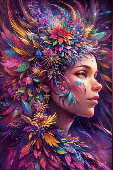 ((fractal art)),((masterpiece,best quality,extremely detailed,ultra high res,detailed background)),(((abstract background))),(1girl),((colorful)),flowers,(shiny skin),((many colors)),(earrings),feathers