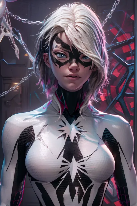 spider Gwen in a black suit with spider in the center of her chest in white, organic looking outfit, gooey forehead, symbiote, w...