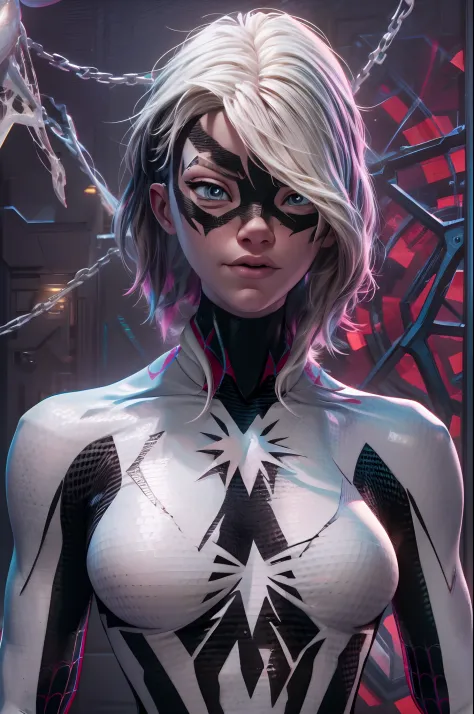 spider gwen in a black suit with spider in the center of her chest in white, organic looking outfit, gooey forehead, symbiote, w...