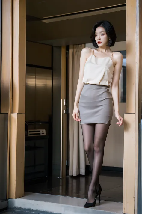 Best quality,Masterpiece,超高分辨率,(Realisticity:1.4),Original photo,Cinematic lighting,
1 young girl，Stiletto heels，Short skirt with single neck，largeeyes，standing on your feet，short detailed hair，In the daytime，Long legs，fully body photo，Seductive expression...
