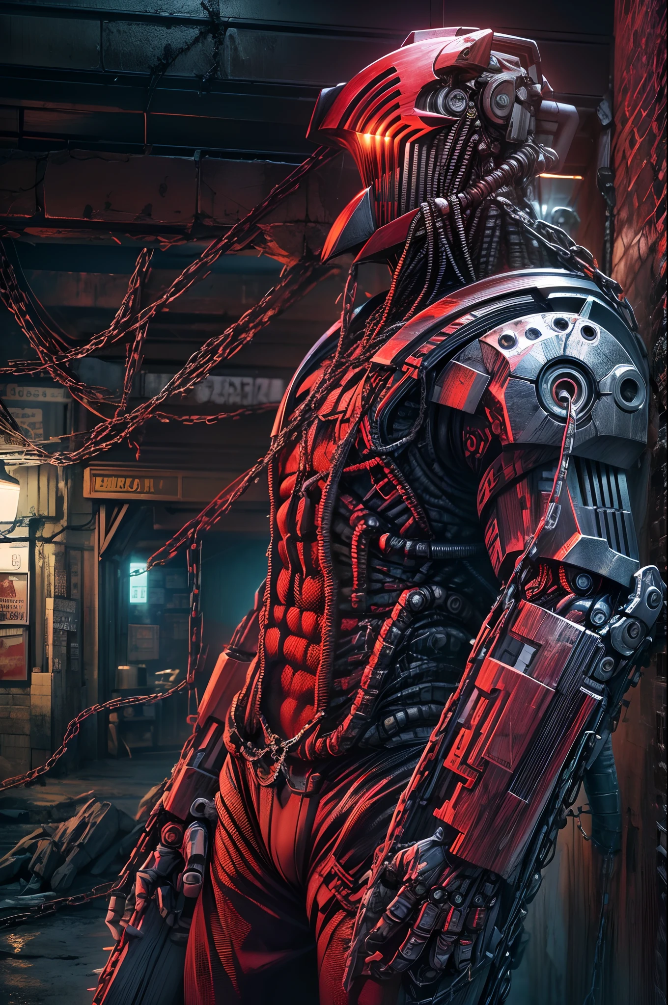 Dark_Fantasy,Cyberpunk,(chain saw,chain saw man,Red:1.1),1man,Mechanical marvel,Robotic presence,Cybernetic guardian, wearing a worn-out mech suit, intricate, (steel metal [rusty]), elegant, clear focus, shot by greg rutkowski, soft lighting, vibrant colors, masterpiece, ((street)), cowboy shot, dynamic pose,