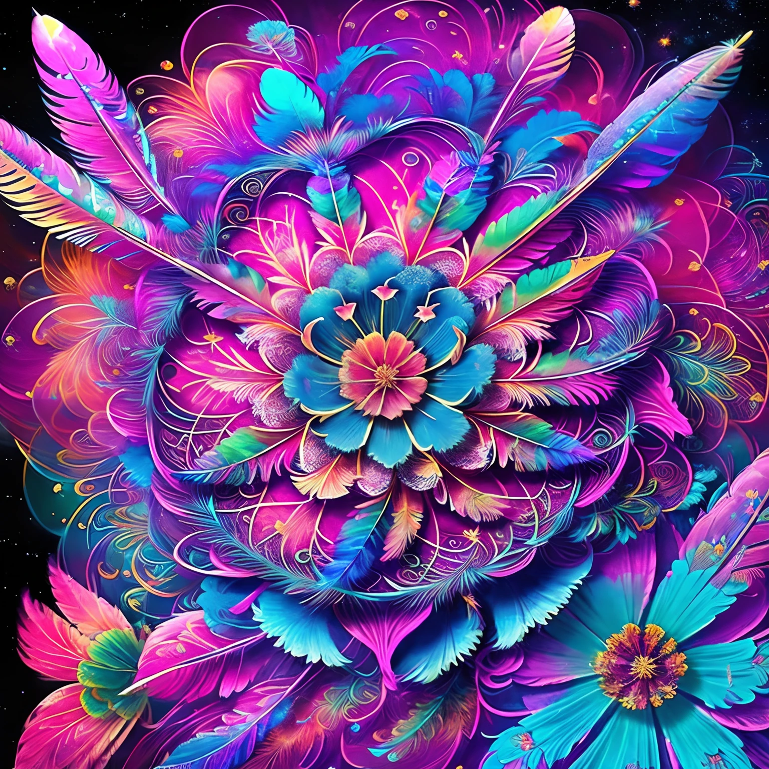 Riff Style 2 (masutepiece, of the highest quality, Best Quality, Official art, Beautiful and aesthetic:1.2), (Cosmos x1.:1.3), Extremely detailed,(Fractal Art:1.1),(Colorful:1.1)(Flowers:1.3),highest details,(Zentangle:1.2), (Dynamic Pose), (Abstract background:1.3), (Shiny skin), (Many colors:1.4), ,(earrings), (Feathers:1.5),unmanned