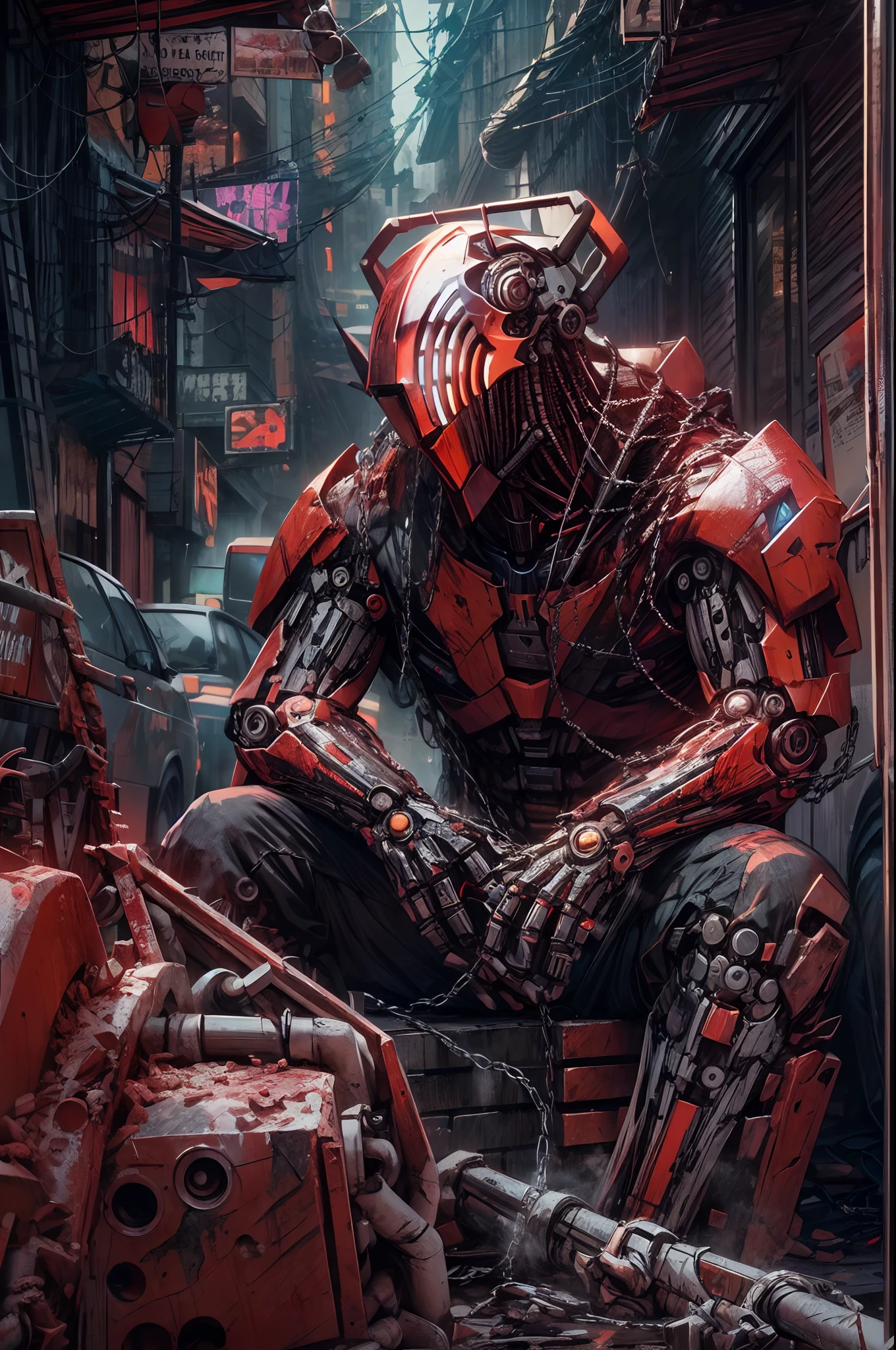 Dark_Fantasy,Cyberpunk,(chain saw,chain saw man,Red:1.1),1man,Mechanical marvel,Robotic presence,Cybernetic guardian, wearing a worn-out mech suit, intricate, (steel metal [rusty]), elegant, clear focus, shot by greg rutkowski, soft lighting, vibrant colors, masterpiece, ((street)), cowboy shot, dynamic pose,