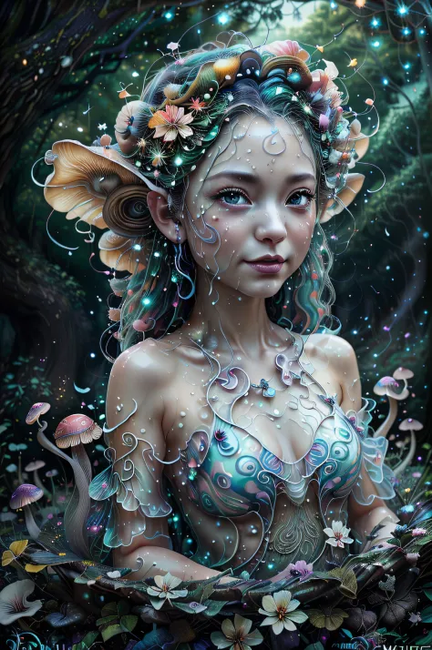 (swirling clouds and colorful flowers and mushrooms), (forest fireflies,) fantasy japanese fairy tale world), big transparent fa...