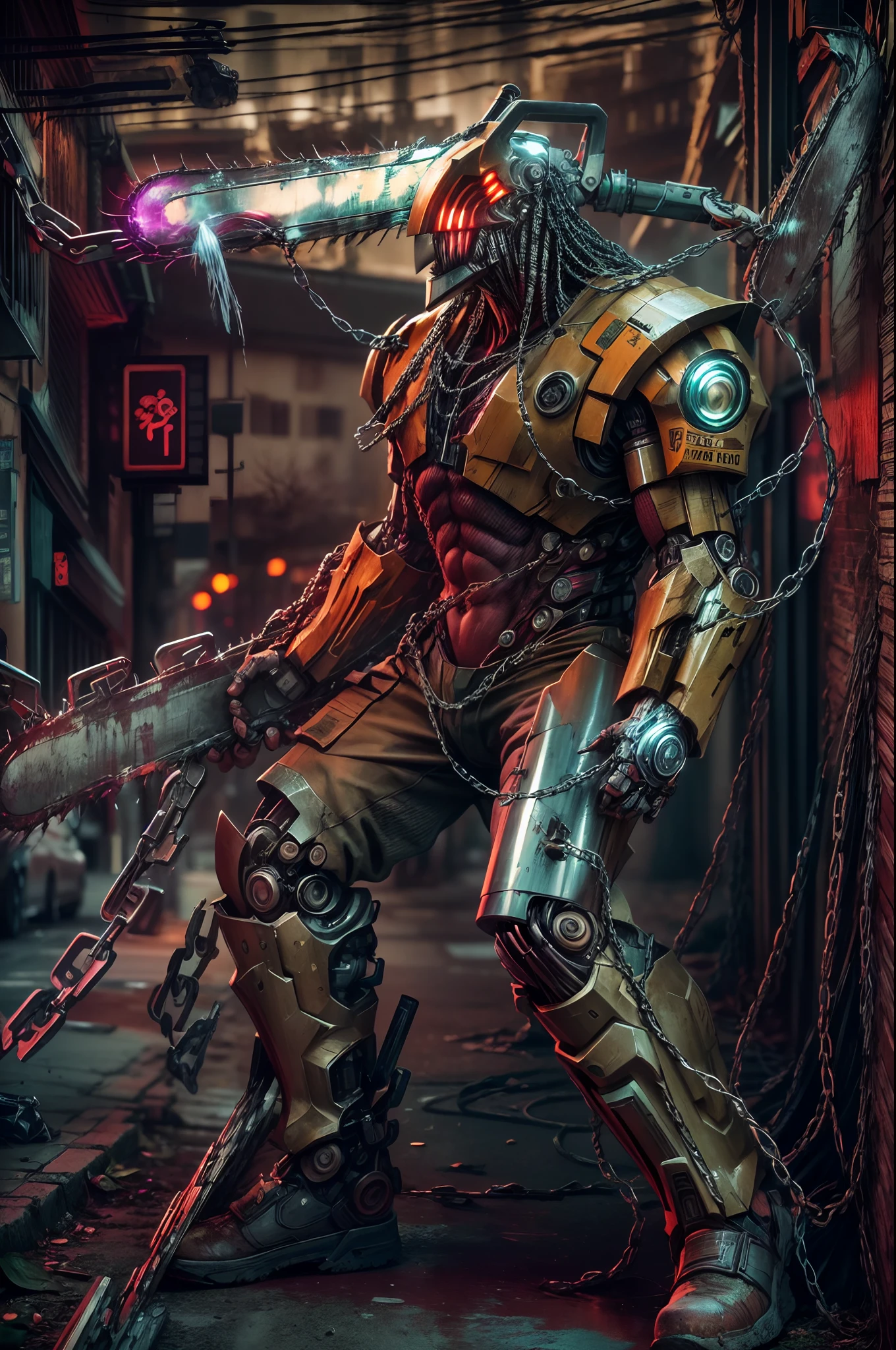 Dark_Fantasy,Cyberpunk,(chain saw,chain saw man,Red:1.1),1man,Mechanical marvel,Robotic presence,Cybernetic guardian, wearing a worn-out mech suit, intricate, (steel metal [rusty]), elegant, clear focus, shot by greg rutkowski, soft lighting, vibrant colors, masterpiece, ((street)), cowboy shot, dynamic pose,