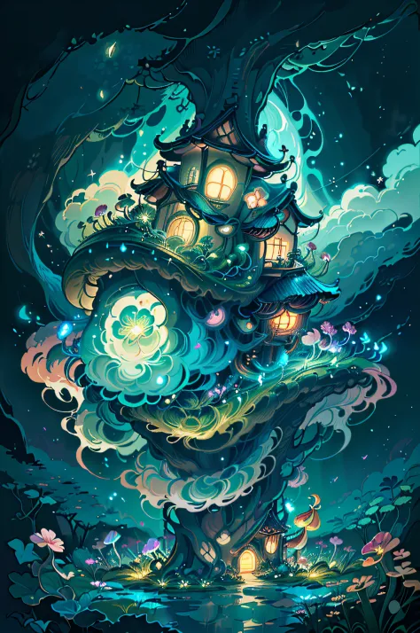 (Swirling clouds and colorful flowers), (forest fireflies fantasy japanese mushroom house), (midnight), (Irregular), (mysterious...