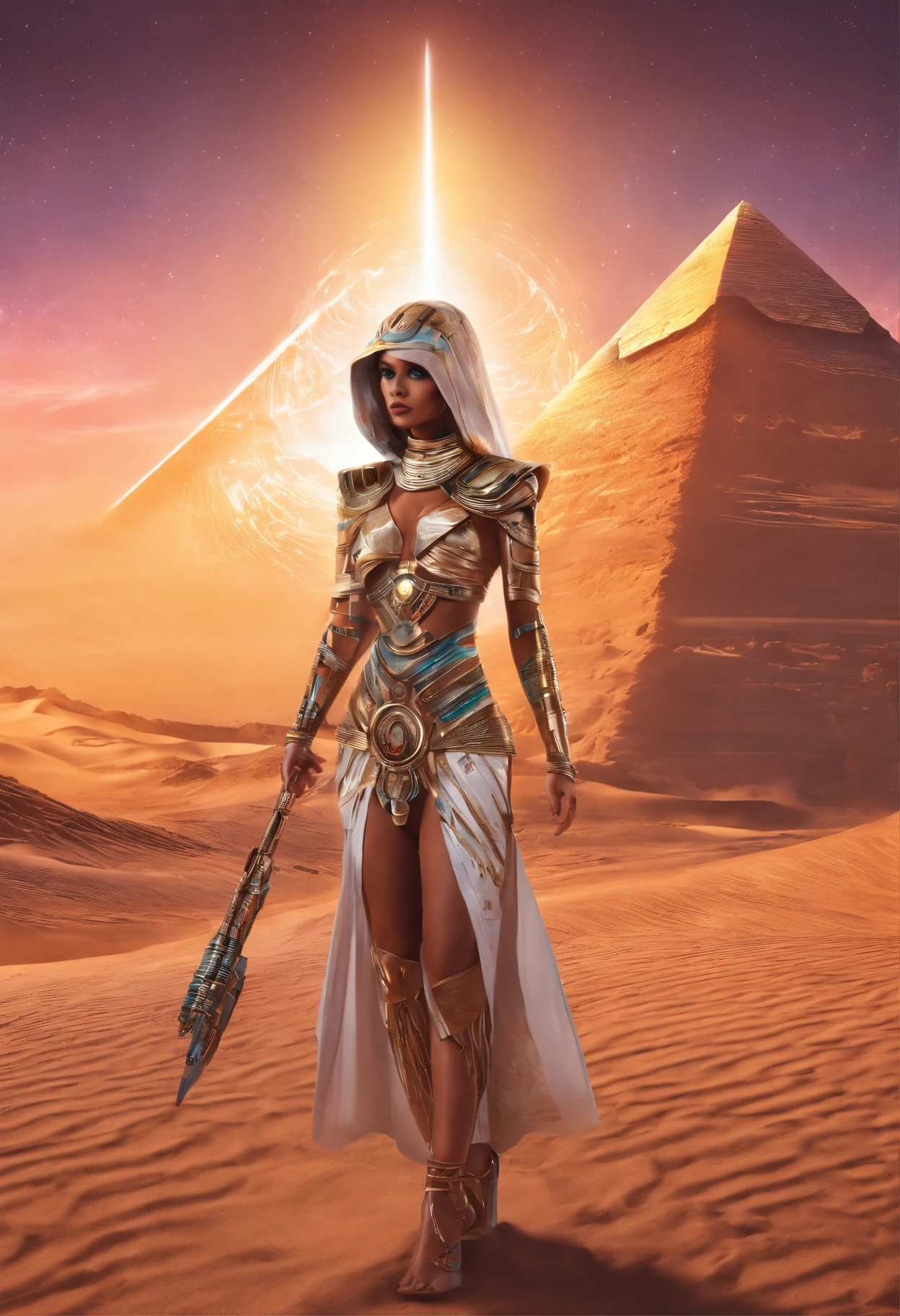 A woman in a white dress and a sword in front of a pyramid - SeaArt AI