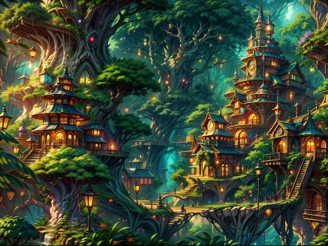 (best quality,ultra-detailed),(fantasy,imaginary) elven city,jungle,wide shot,far shot, aerial view,(magical,enchanted) world tree,tree houses,(natural magic,mystical powers),vibrant colors,(ethereal,otherworldly) lighting