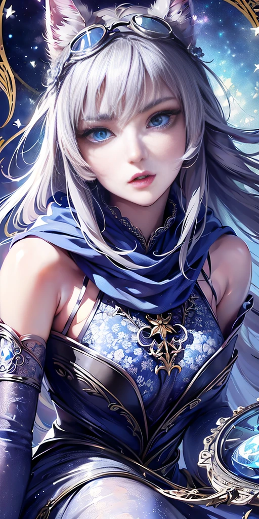 (Top resolution, Distinct_image) Best Quality, Women's masterpieces, Highly detailed, 1womanl，solo person，Half realistic, (Systemic), Silver hair, Bangs, 18 years old, Short Grey Silver Lace Skirt, (((Perfect face:1))), Sharp face, v-line jaw, (Bright blue eyes), (Exquisite facial features, Exquisite facial features), adolable, Grey Color Dolce, Silvery little cat ears, ((hair that completely obscures the ears,,,,,,,)), (((Wearing blue lens goggles))), (Black scarf with blue floral pattern and intricate design), Large bamboo forest on background, Big galaxy in the background