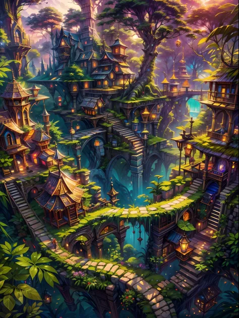 (best quality,ultra-detailed),(fantasy,imaginary) elven city,jungle,wide shot,far shot, aerial view,(magical,enchanted) world tree,tree houses,(natural magic,mystical powers),vibrant colors,(ethereal,otherworldly) lighting