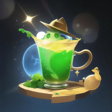 a green liquid in a glass jar with a gold fish on it and a hat on top of it, no_humans, lens_flare, moon, sun, game icon, cartoon style