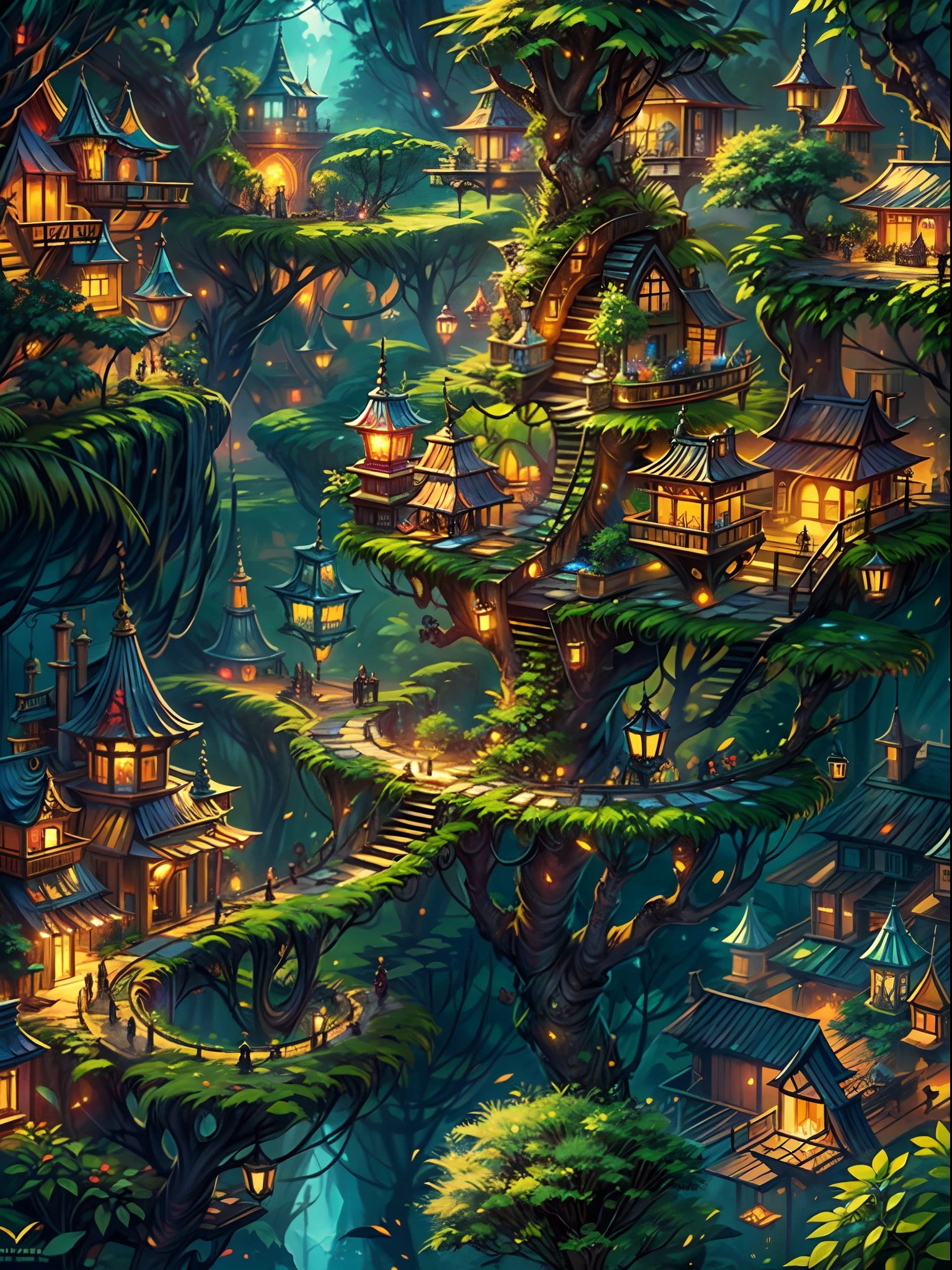 (best quality,ultra-detailed),(fantasy,imaginary) elven city,jungle,wide shot,far shot, aerial view,(magical,enchanted) world tree,tree houses,(natural magic,mystical powers),vibrant colors,(ethereal,otherworldly) lighting