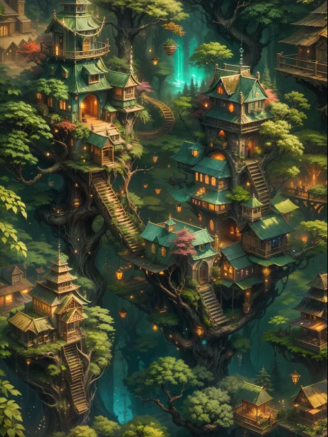 (best quality,ultra-detailed),(fantasy,imaginary) elven city,jungle,wide shot,far shot, aerial view,(magical,enchanted) world tr...