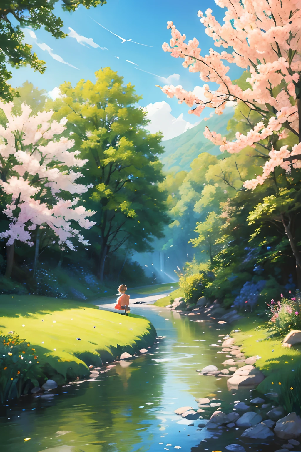 a forest crossed by a river, flowers, swallows in the sky, spring, children playing. the light filters through the branches of the trees(a forest crossed by a river,flowers,swallows in the sky,spring,children playing), oil painting, ultra-detailed, vivid colors, realistic lighting, landscape, birds chirping, sunlight filtering through the trees, soft breeze, lush green foliage, sparkling water reflections, vibrant wildflowers, joyful laughter, carefree children's expressions, dynamic brushstrokes, harmonious composition.