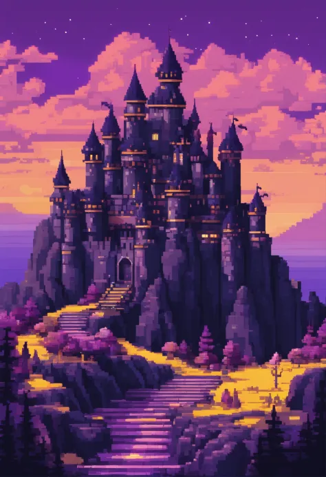 Castle made of black rocks with purple and yellow details, surrounded by a sober atmosphere, night, purple sky, wonderful landscape (night) 4k HD, high resolution, (masterpiece) art,