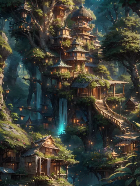 (best quality,ultra-detailed),(fantasy,imaginary) elven city,jungle,wide shot,far shot, aerial view,(magical,enchanted) world tr...