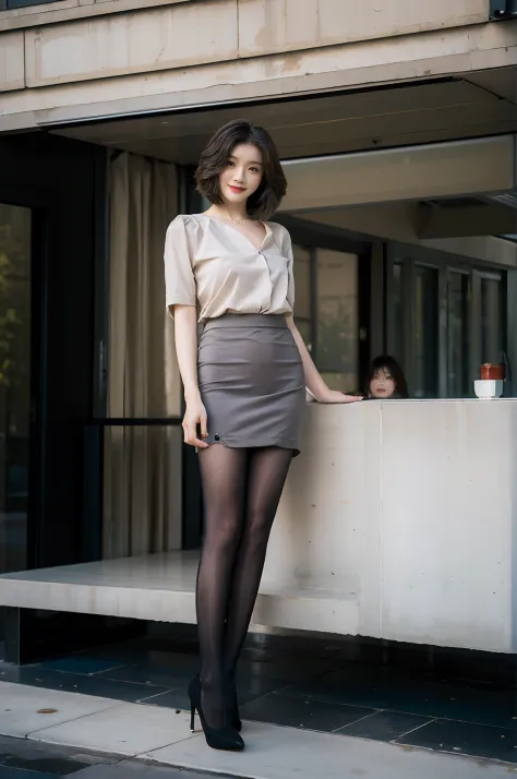 Best quality,Masterpiece,超高分辨率,(Realisticity:1.4),Original photo,Cinematic lighting,
1 young girl，Stiletto heels，Short skirt with single neck，largeeyes，standing on your feet，short detailed hair，In the daytime，Long legs，fully body photo，Smile，On the lawn，gr...
