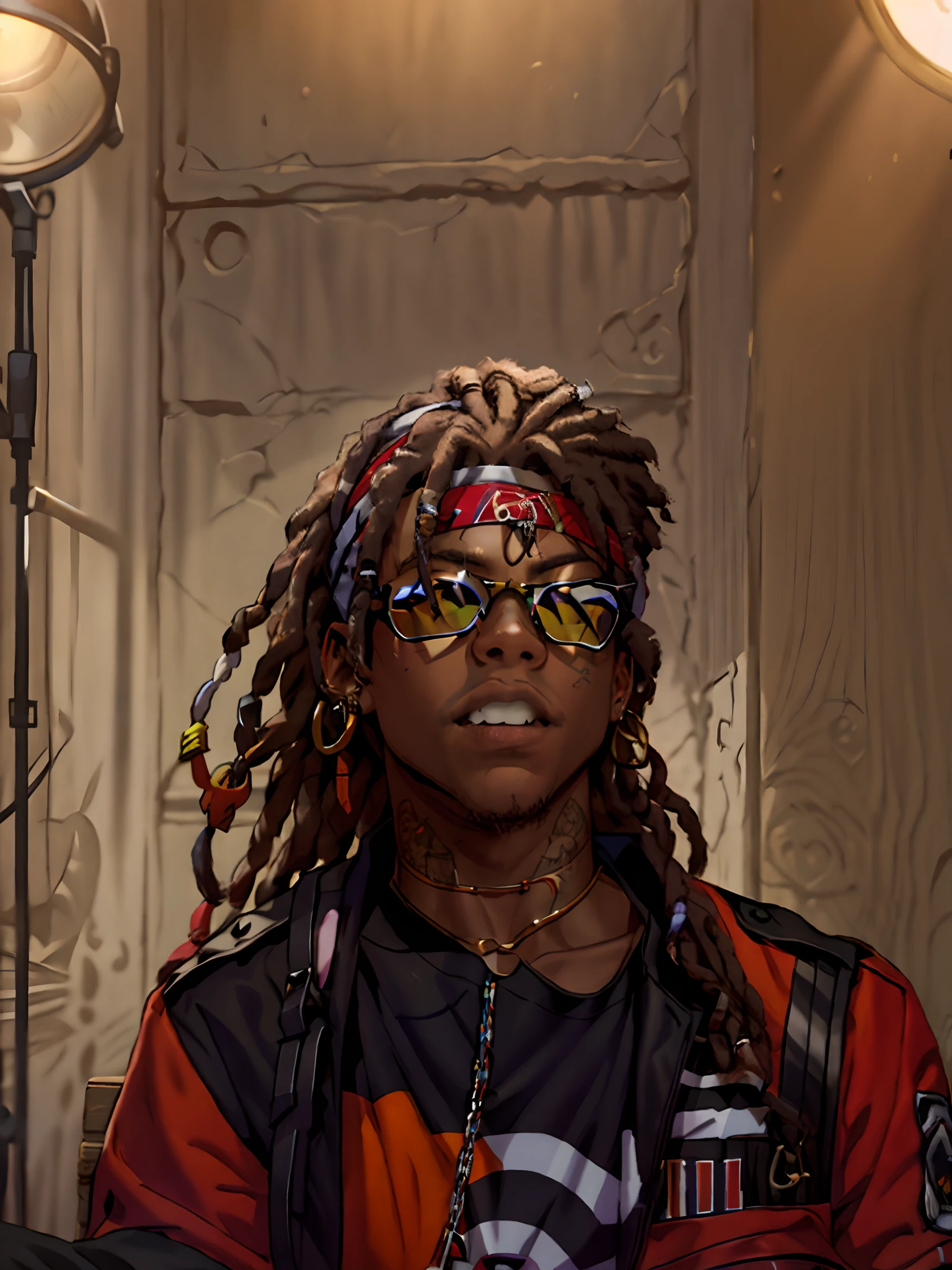 Eine Giraffe mit Dreadlocks und Sonnenbrille sitzt vor einem Mikrofon., Neymar Junior, Trippie Redd, Playboy-Bücher, Rapper Schmuck, seitlich beleuchtet, Wiz Khalifa, krank, Lil Uzi Vert, Porträt, im Stil von Tyler Mitchell, Tragen eines Bandanas und einer Kette