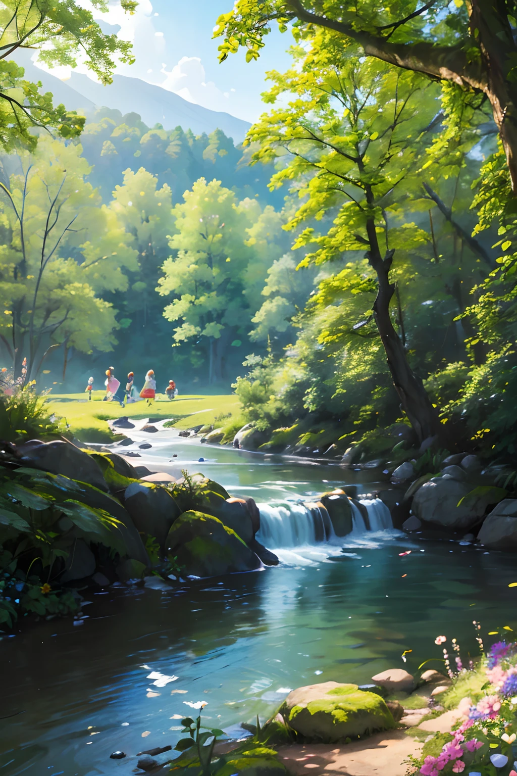 a forest crossed by a river, flowers, swallows in the sky, spring, children playing. the light filters through the branches of the trees(a forest crossed by a river,flowers,swallows in the sky,spring,children playing), oil painting, ultra-detailed, vivid colors, realistic lighting, landscape, birds chirping, sunlight filtering through the trees, soft breeze, lush green foliage, sparkling water reflections, vibrant wildflowers, joyful laughter, carefree children's expressions, dynamic brushstrokes, harmonious composition.