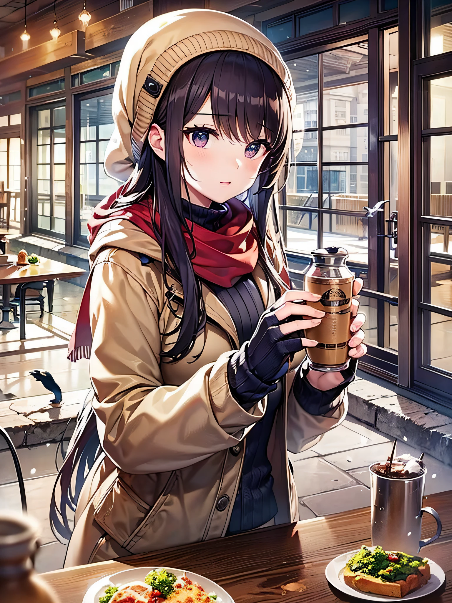 best quality, detailed background, girl,sea, cafeteria, bird, snow, winter,