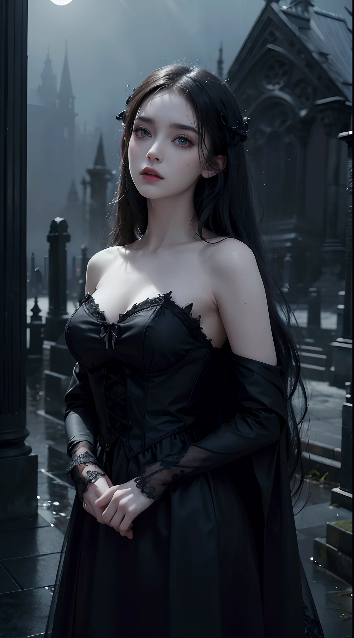 (Best quality,4K,8K,A high resolution,Masterpiece:1.2),Ultra-detailed,(Realistic,Photorealistic,photo-realistic:1.37),Gothic girl standing in the cemetery at night,Beautiful detailed eyes,Long eyelashes,Pale skin,Dark hair,Black clothing,Moonlit landscape,Gothic architecture,Dramatic shadows,mystical ambiance,Subtle fog,a dark and eerie atmosphere,hauntingly beautiful,Vivid colors,dim murky lights,Atmospheric portrait,Emotional expression,Tim Burton inspired style