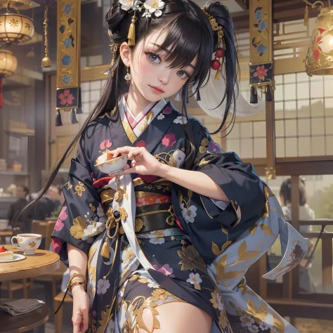 Detailed background(tea shop(The cityscape of Kyoto seen outside the window)),Laid on the table(a cake).Hold it in your right hand(cups＆saucer),BREAK,Put it in your mouth(a cake),BREAK,elaborate costume{Luxury kimono(Colorful kimono(Detailed golden embroid...