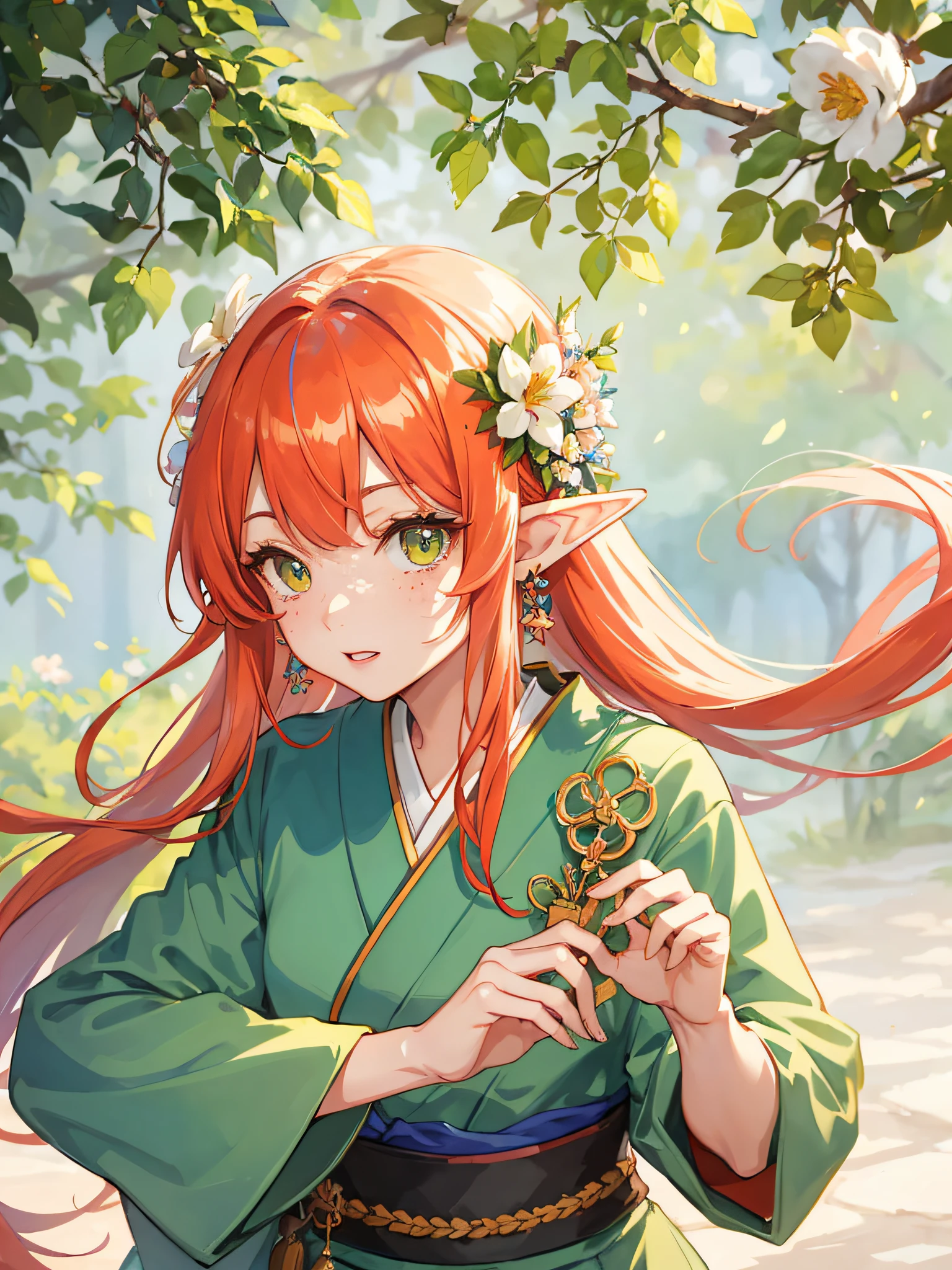 (aquarela: 1.2), princesa elfa japonesa, flor, sardas, franja, ruiva, cabelo longo, olhos verdes, cabelo entre os olhos, flor earrings, fundo desfocado, alta resolução