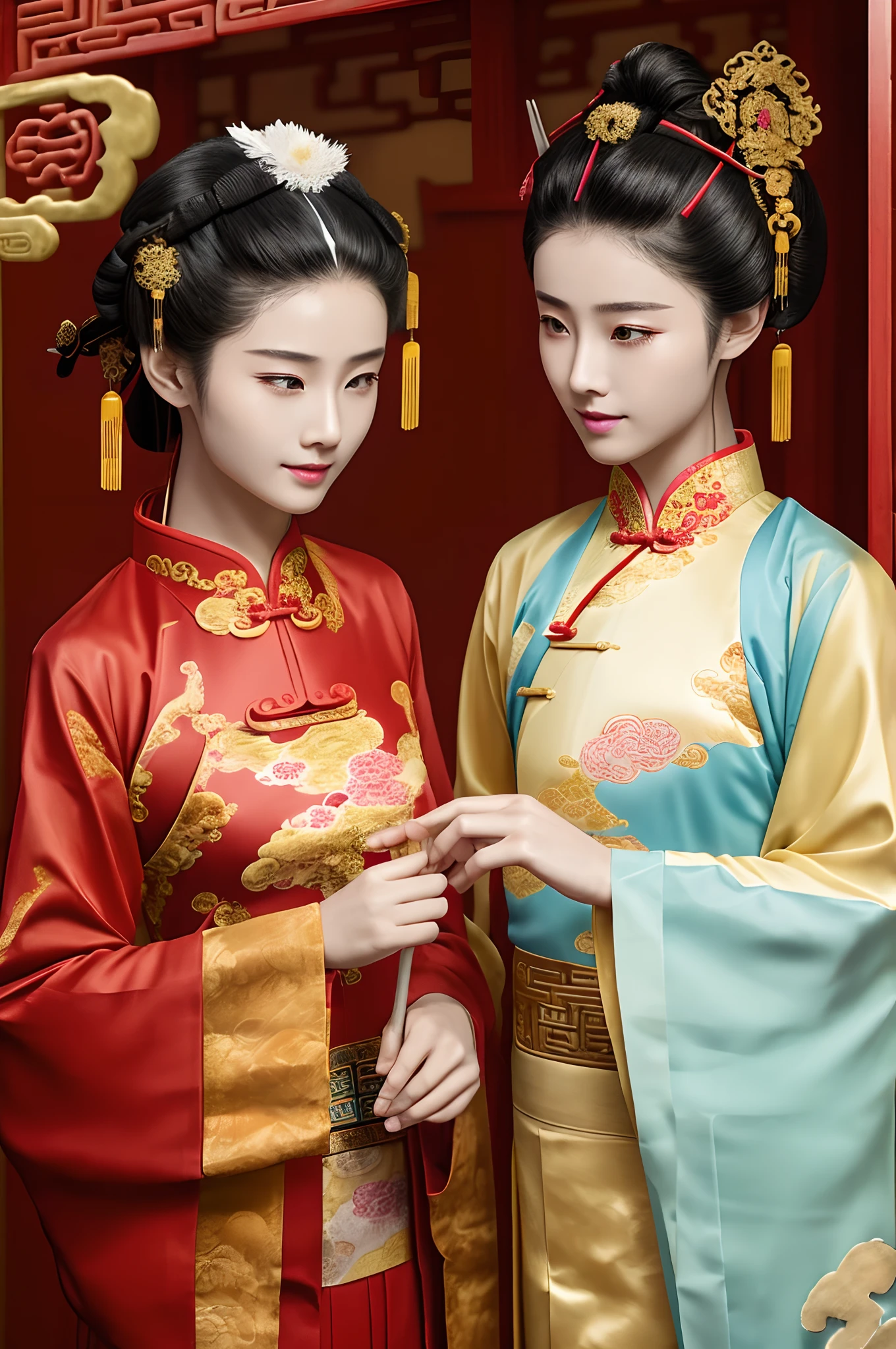 a couple of lesbians,Taoist,single hairbun,(an ancient Chinese hairstick on her head:1.5),Use mahogany hairpins,(transparent clothes),leering:1.4,Reveals translucent lace panties,(ulzzang-6500-v1.3,pureeroface_v1,octane rendering),elegant pose,xxmix girl woman,perfect composition golden ratio, masterpiece, best quality, 4k, sharp focus. Better hand, perfect anatomy.