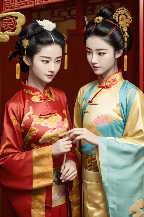 a couple of lesbians,Taoist,single hairbun,(an ancient Chinese hairstick on her head:1.5),Use mahogany hairpins,(transparent clo...